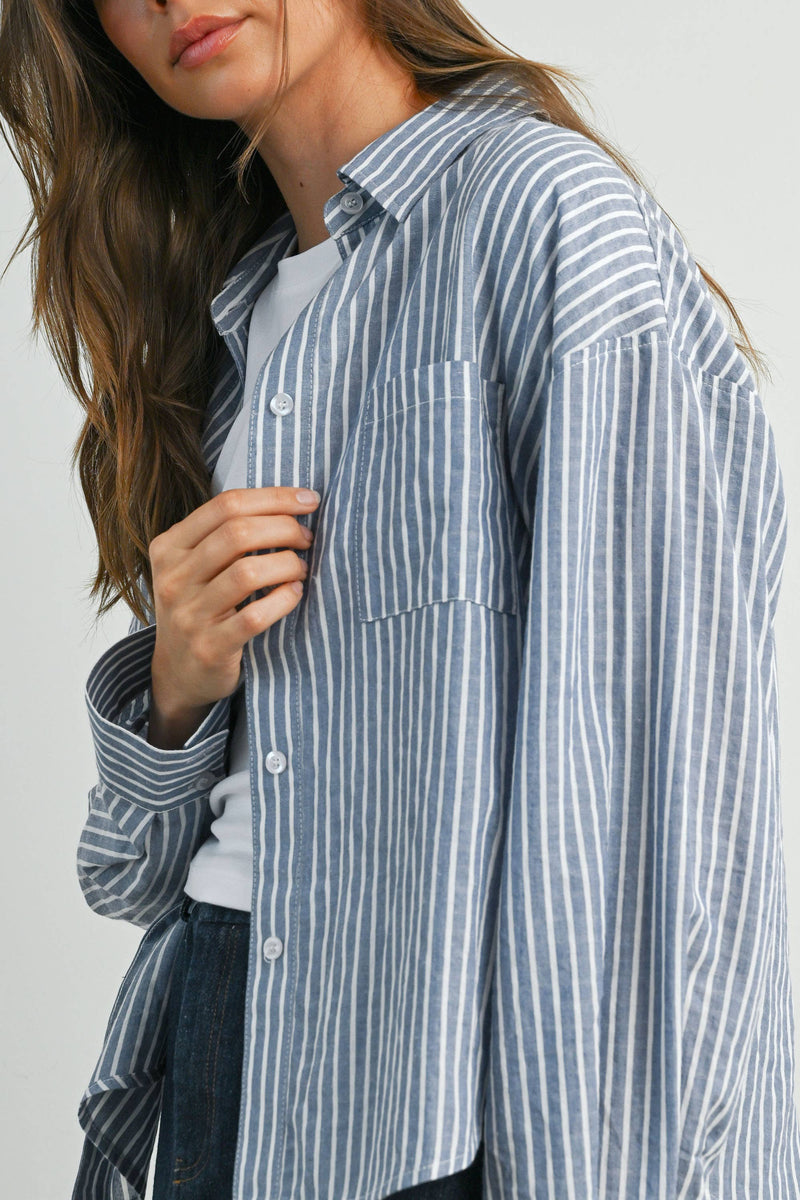 Striped Button-Up Collared Long Sleeve Top - Blue