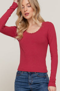 Long Sleeve Scoop Neck with Lace Trim Rib Knit Top