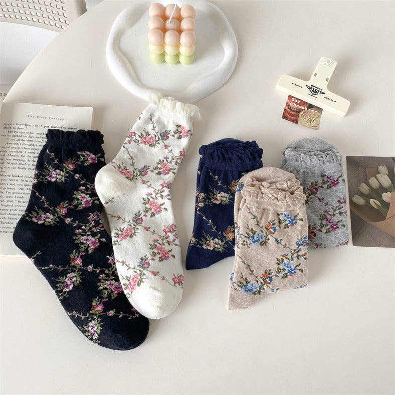 5 Pairs Women Casual Rolled Cuff Floral Socks