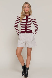 Long Sleeve Crew Neck Stripe Sweater Cardigan