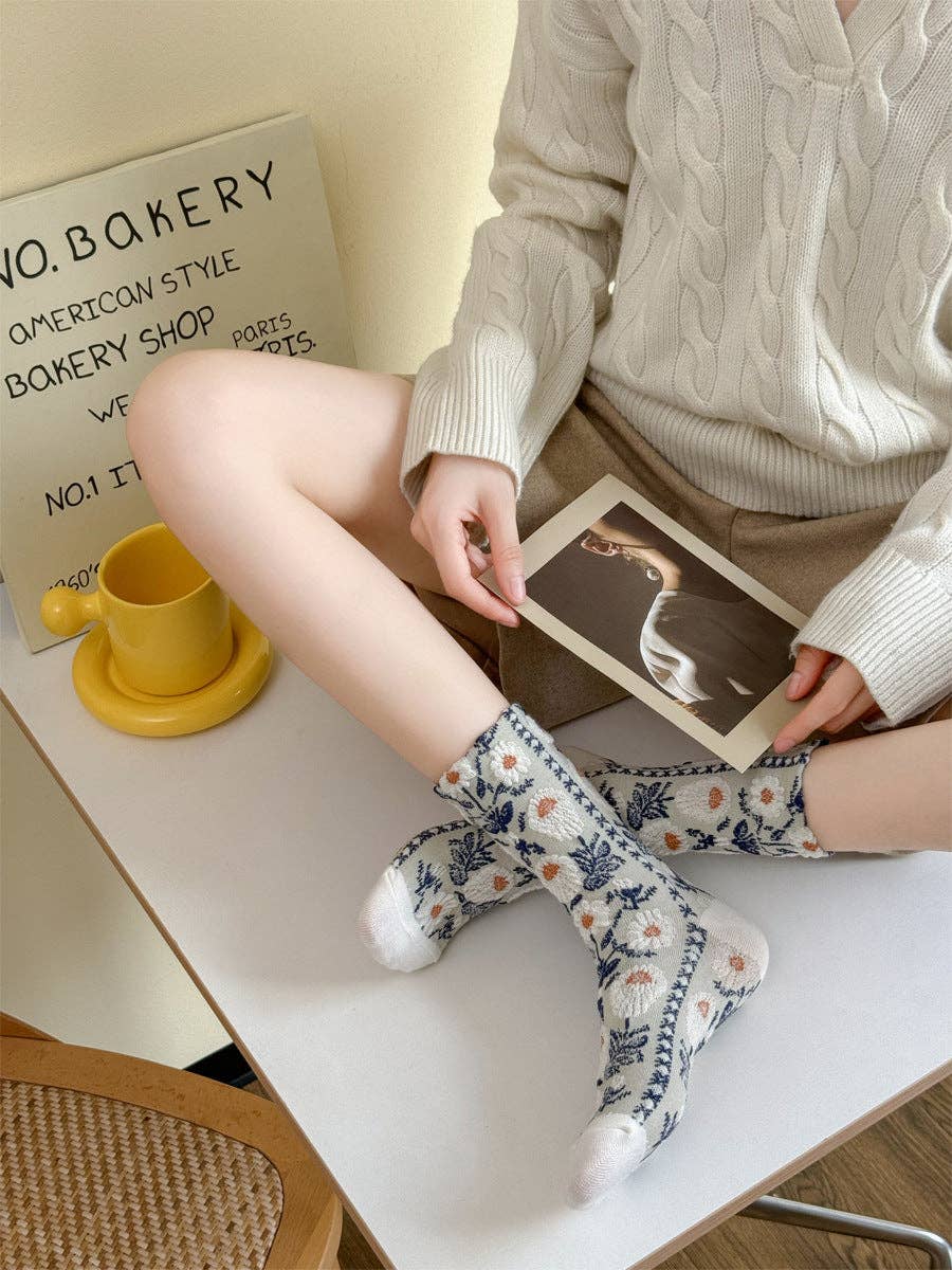 Vintage Style Floral Crew Socks (5 Pairs)