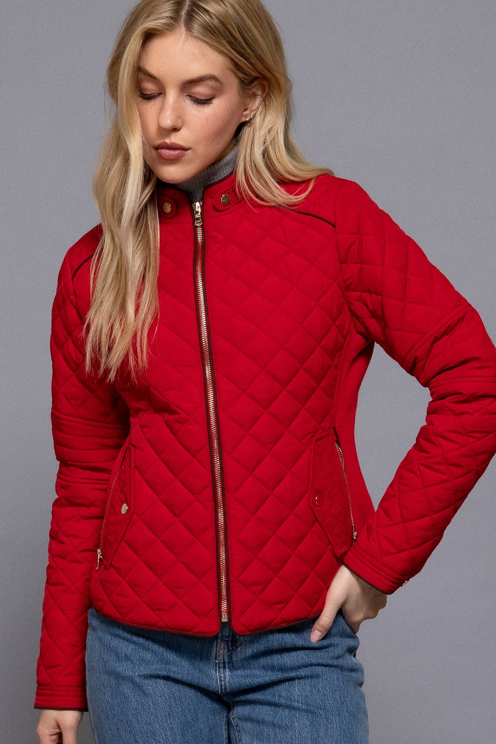 Suede Piping Detail Rib Quilted Padding Jacket