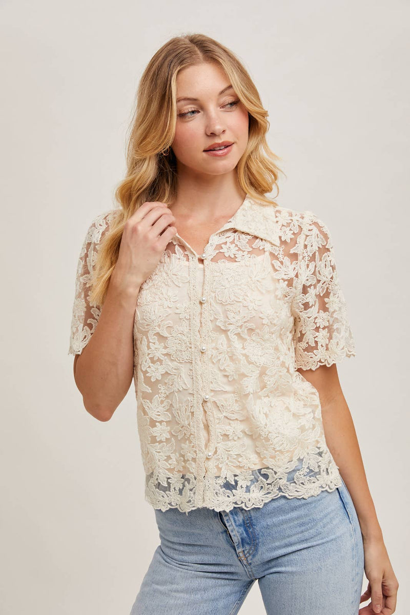 Sheer Embroidered Pearl Button Down Top