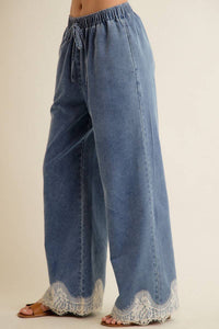 Lace Trim Wide Leg Denim Pant