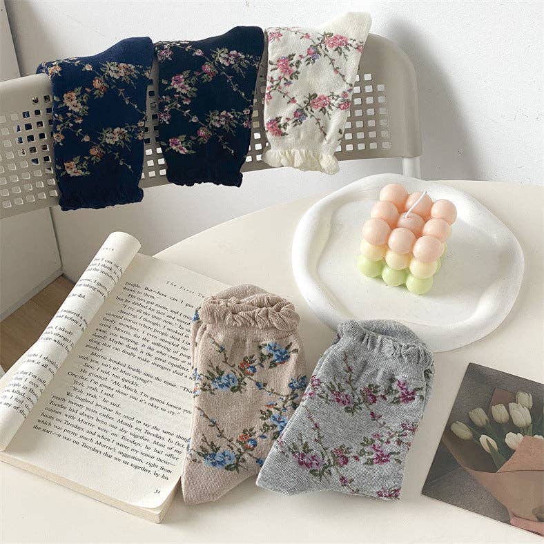 5 Pairs Women Casual Rolled Cuff Floral Socks