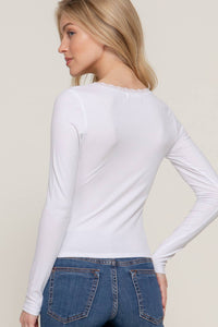 Long Sleeve Scoop Neck with Lace Trim Rib Knit Top