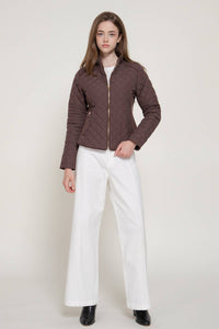 Suede Piping Detail Rib Quilted Padding Jacket