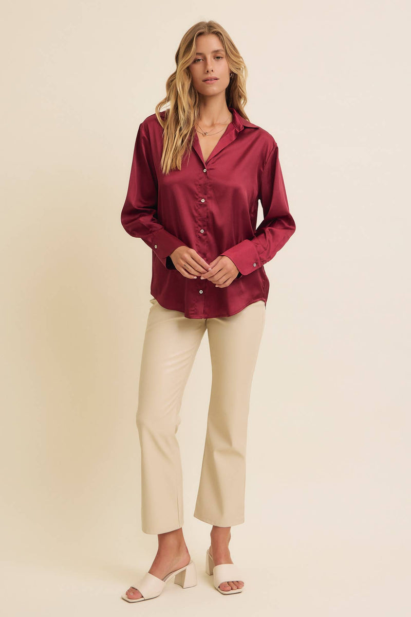 Button Down Satin Shirt- Burgundy