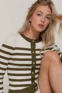 Long Sleeve Crew Neck Stripe Sweater Cardigan