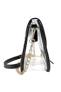 Faux Leather Trim Clear PVC Front Flap Purse Bag: Black