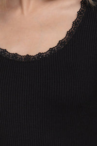 Long Sleeve Scoop Neck with Lace Trim Rib Knit Top