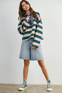 Striped Quarter-Zip Contrast Collar Top
