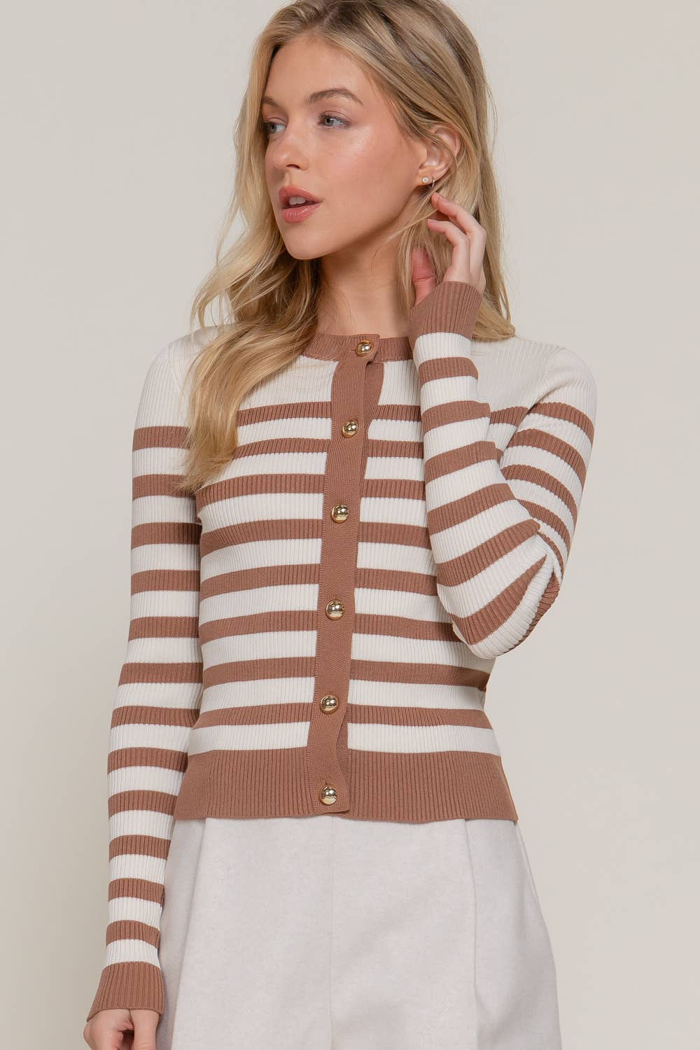 Long Sleeve Crew Neck Stripe Sweater Cardigan