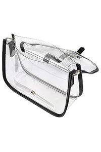 Faux Leather Trim Clear PVC Front Flap Purse Bag: Black