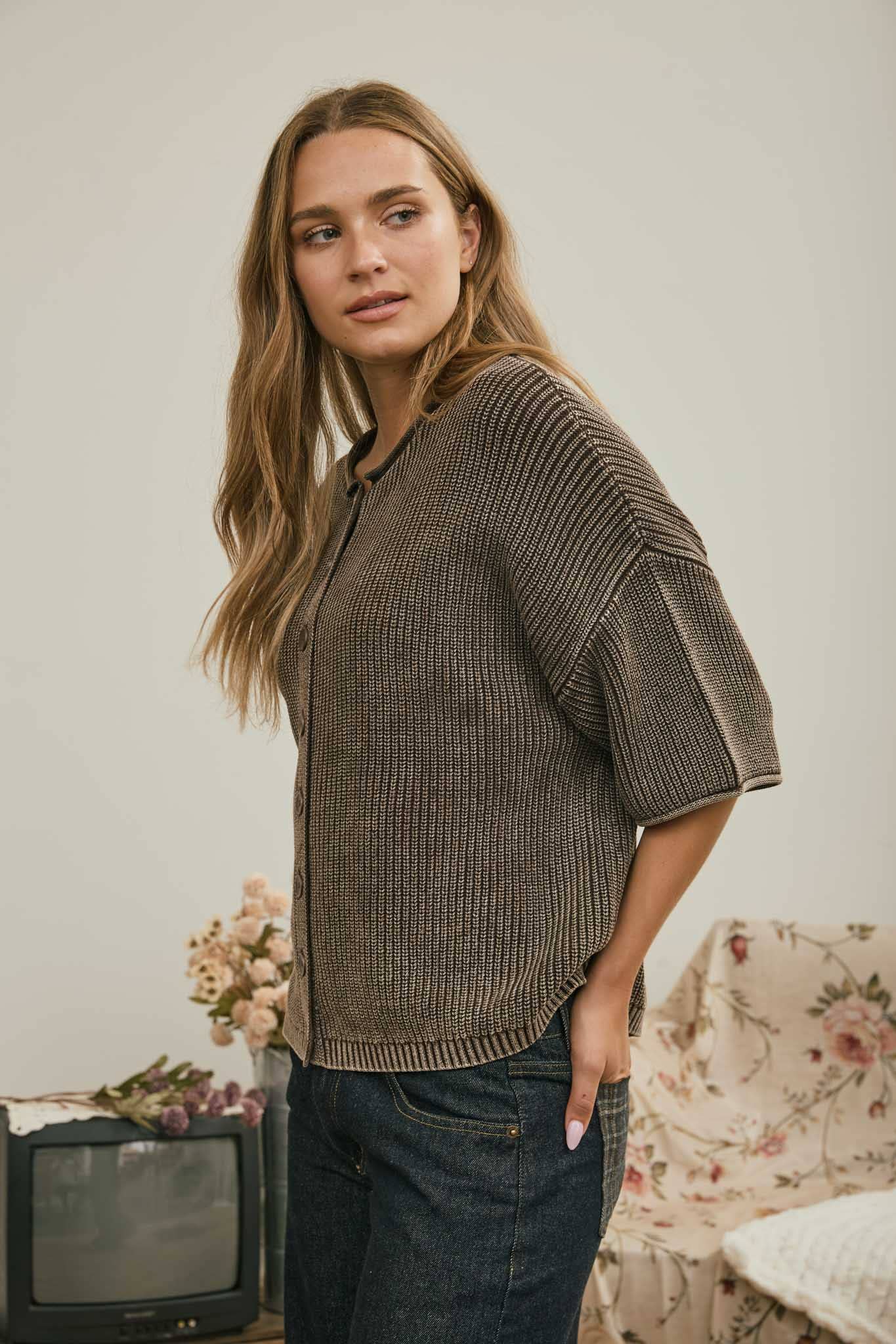 Washed Short Sleeve Cardigan