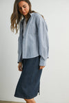 Striped Button-Up Collared Long Sleeve Top - Blue