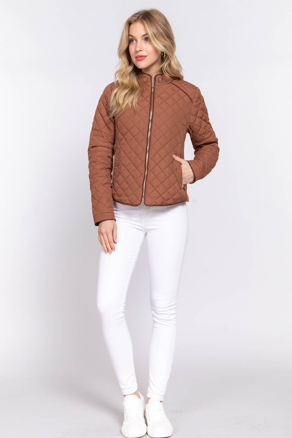 Suede Piping Detail Rib Quilted Padding Jacket