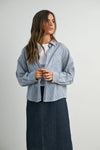 Striped Button-Up Collared Long Sleeve Top - Blue