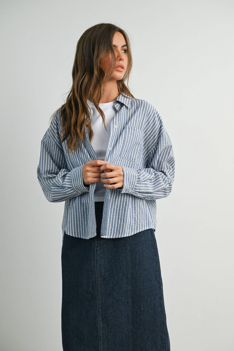 Striped Button-Up Collared Long Sleeve Top - Blue