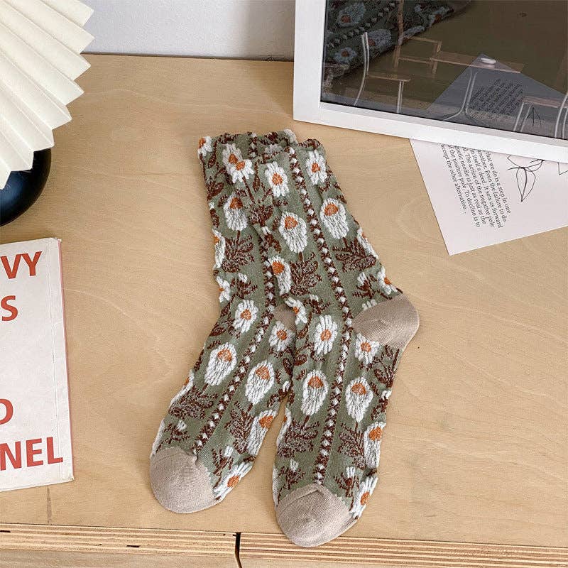 Vintage Style Floral Crew Socks (5 Pairs)