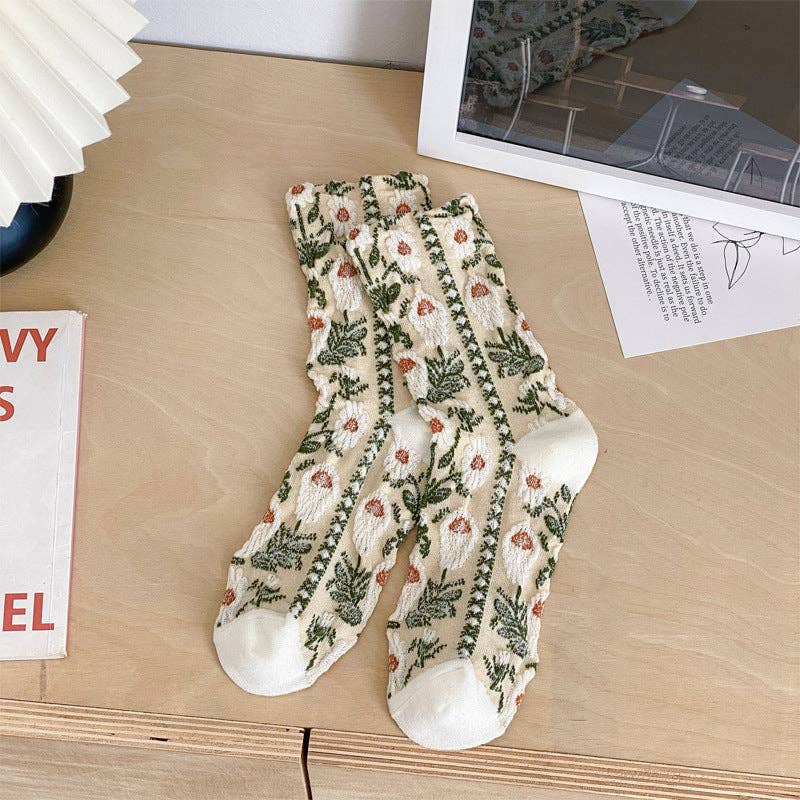 Vintage Style Floral Crew Socks (5 Pairs)