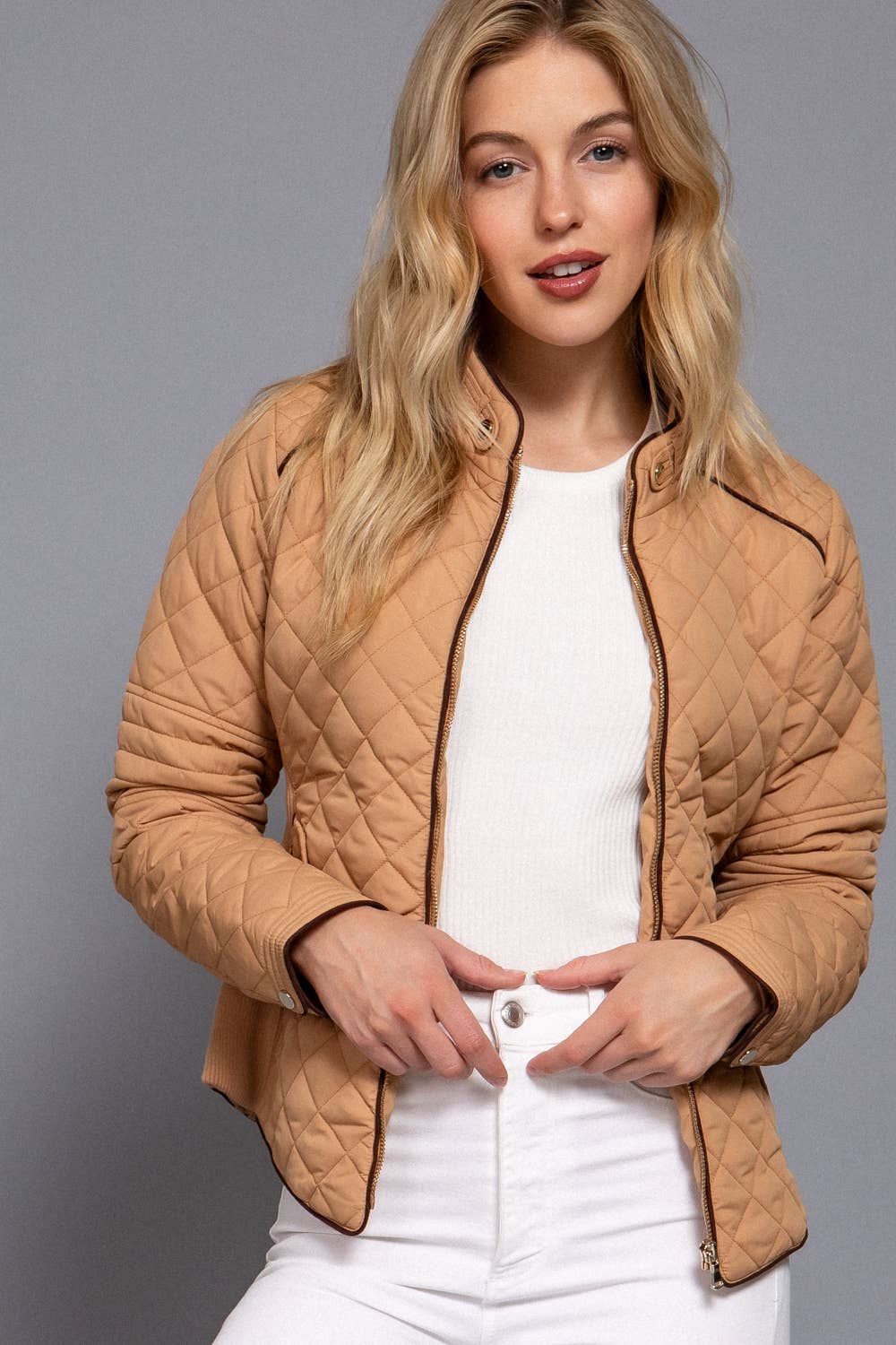 Suede Piping Detail Rib Quilted Padding Jacket