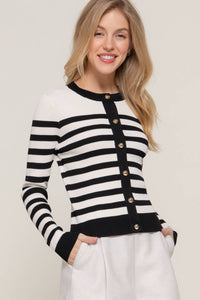 Long Sleeve Crew Neck Stripe Sweater Cardigan