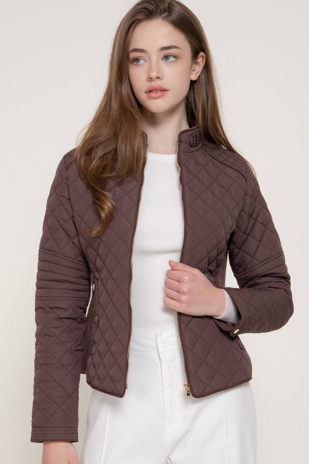 Suede Piping Detail Rib Quilted Padding Jacket