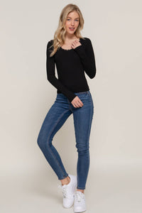 Long Sleeve Scoop Neck with Lace Trim Rib Knit Top