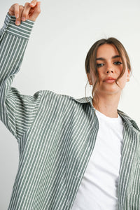 Striped Button-Up Collared Long Sleeve Top - Green