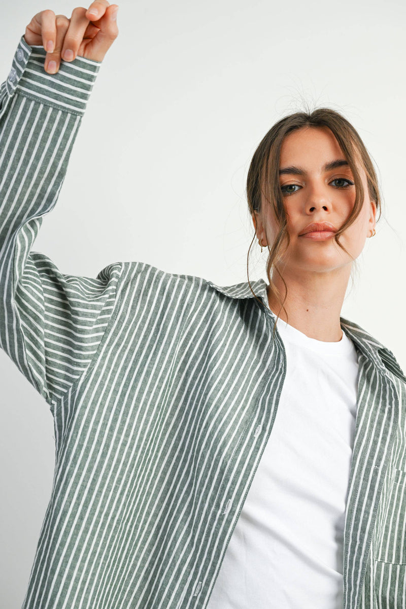 Striped Button-Up Collared Long Sleeve Top - Green