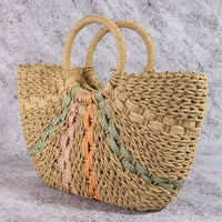 Striped Straw Weave Round Rope Handle Tote Bag
