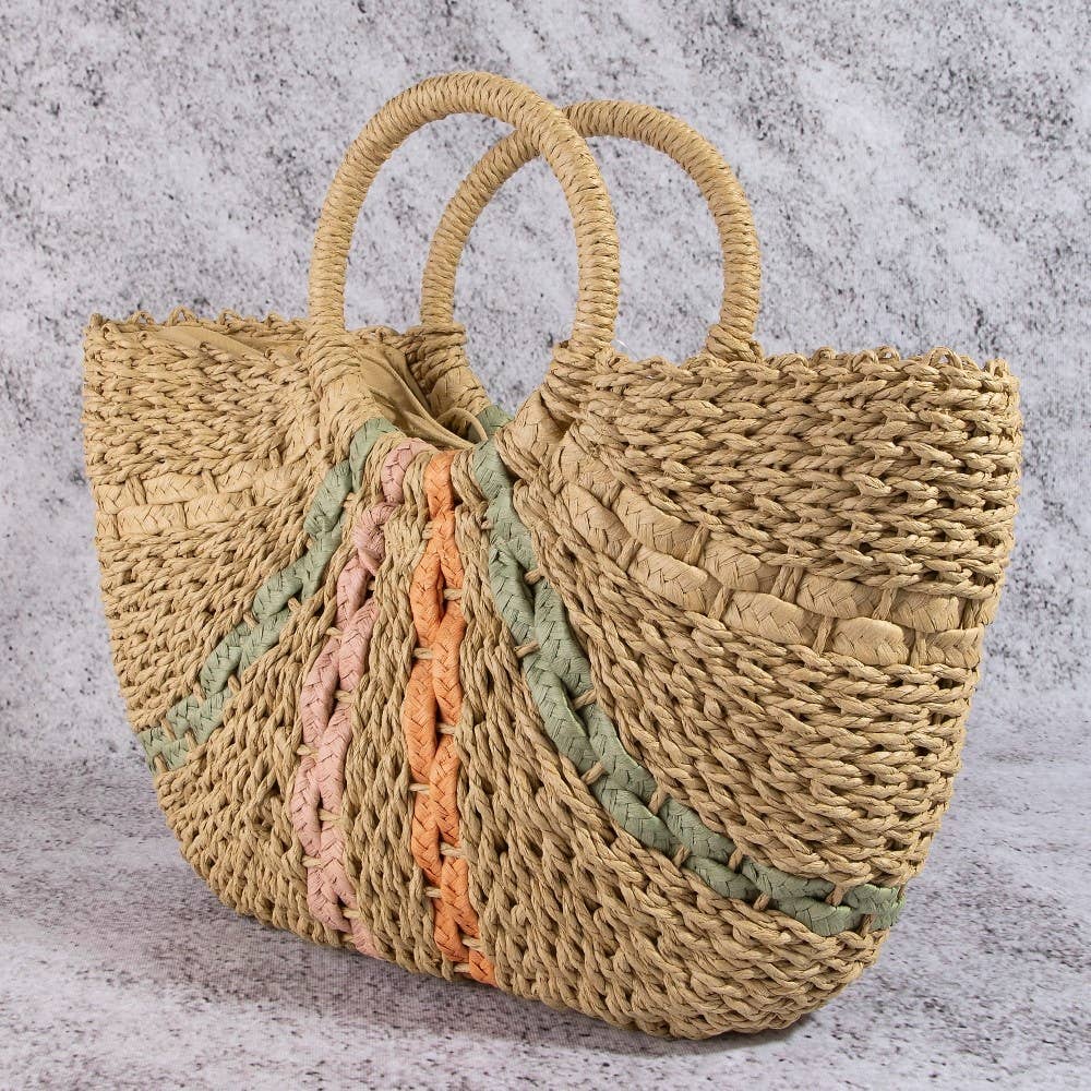 Striped Straw Weave Round Rope Handle Tote Bag
