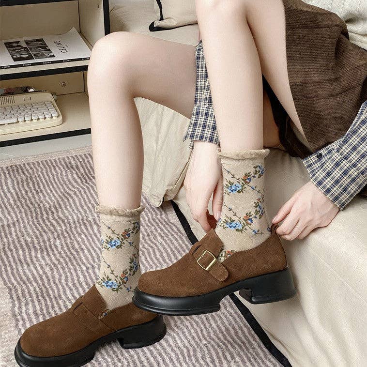 5 Pairs Women Casual Rolled Cuff Floral Socks