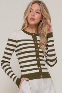 Long Sleeve Crew Neck Stripe Sweater Cardigan