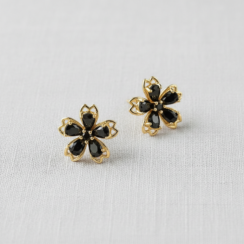 Black Stone Floral Studs
