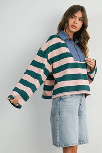 Striped Quarter-Zip Contrast Collar Top