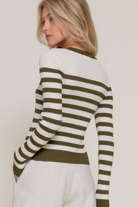 Long Sleeve Crew Neck Stripe Sweater Cardigan