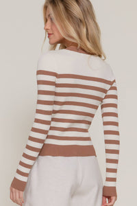 Long Sleeve Crew Neck Stripe Sweater Cardigan