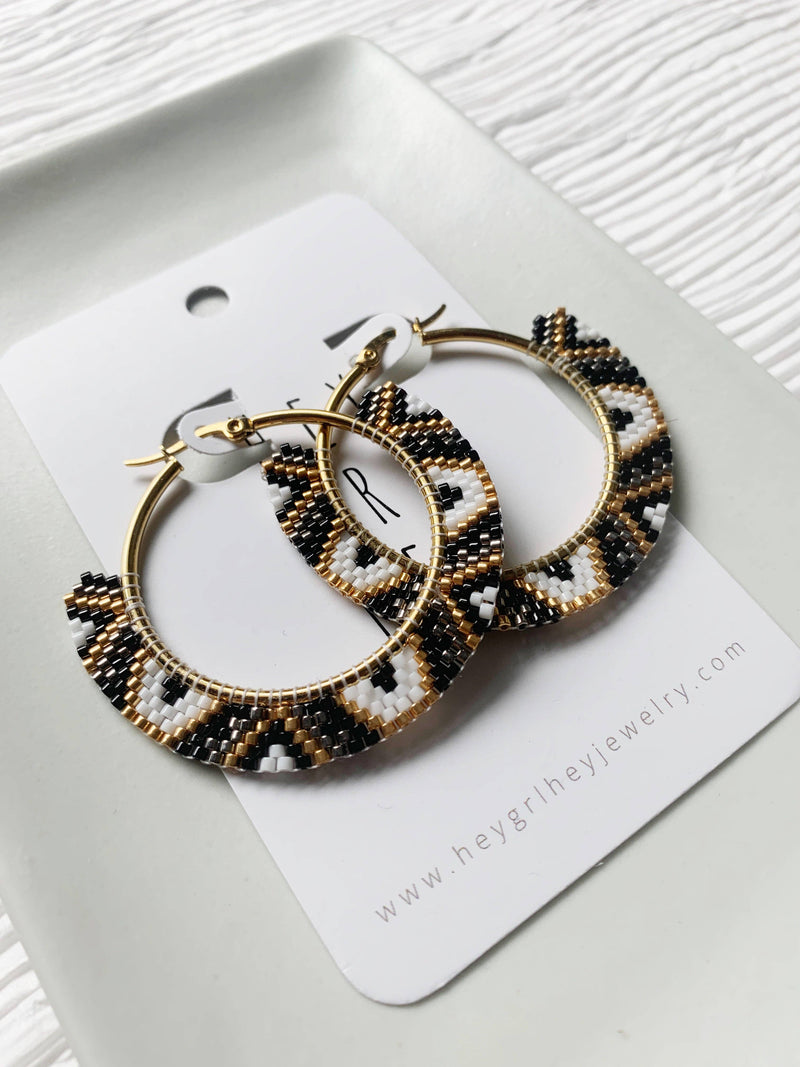 Beaded Hoop Earrings: Black/White/Gold