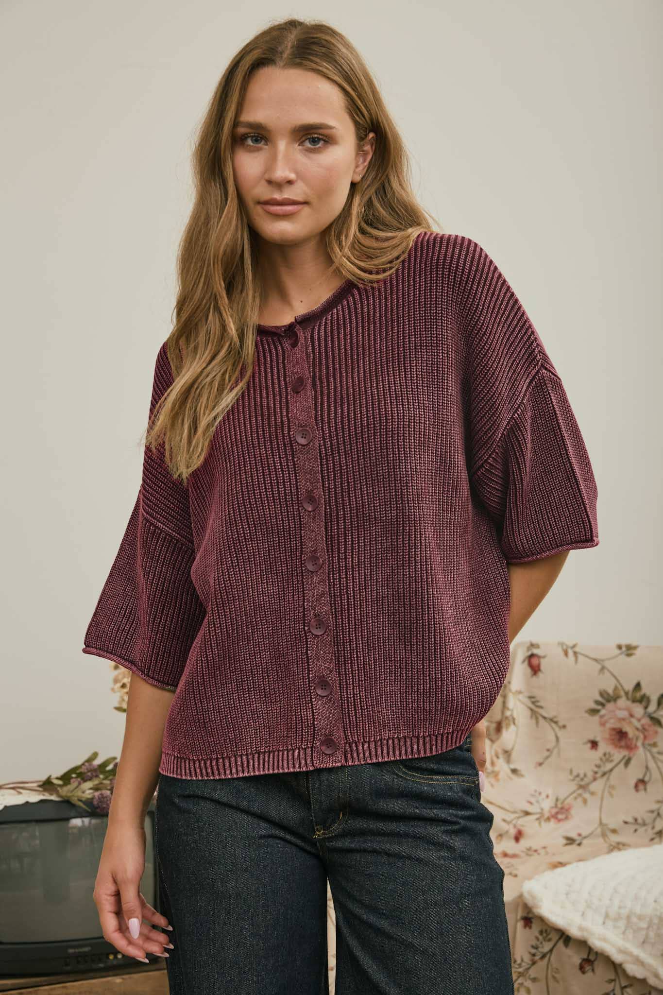 Washed Short Sleeve Cardigan