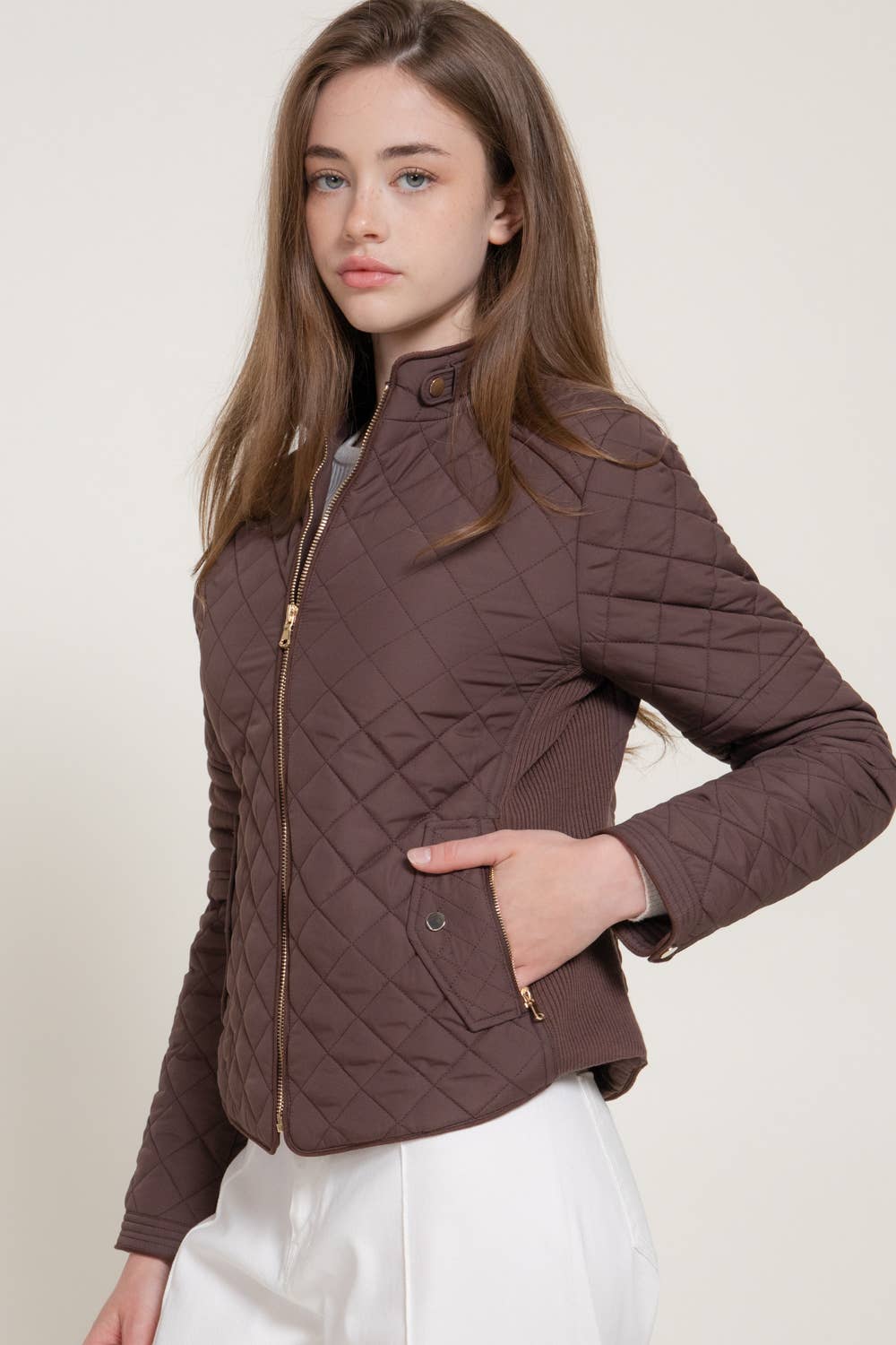 Suede Piping Detail Rib Quilted Padding Jacket