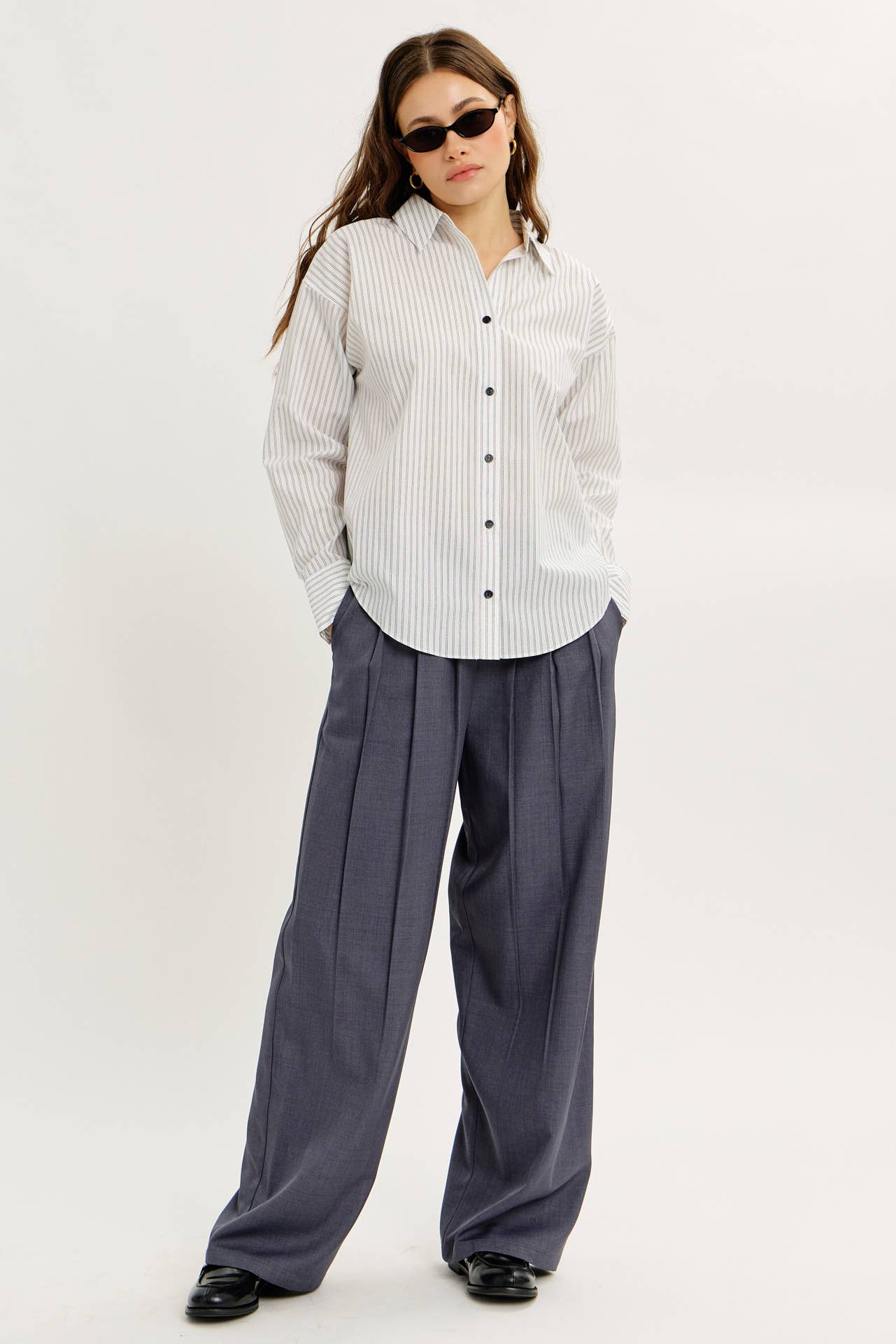 COTTON STRIPE BUTTON-DOWN SHIRT WITH LAPEL COLLAR