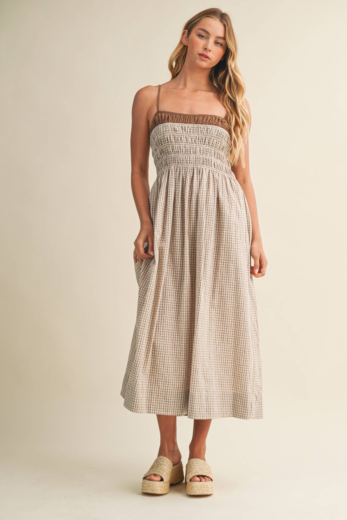 Ruched Gingham Midi Dress