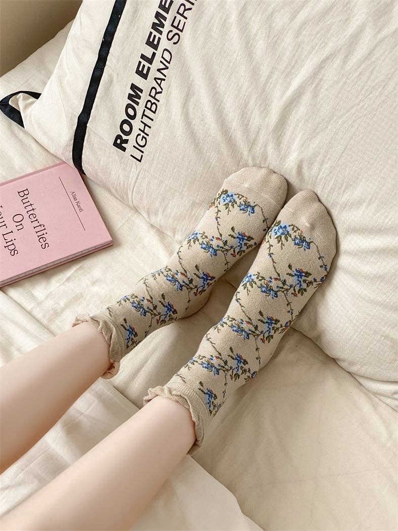 5 Pairs Women Casual Rolled Cuff Floral Socks