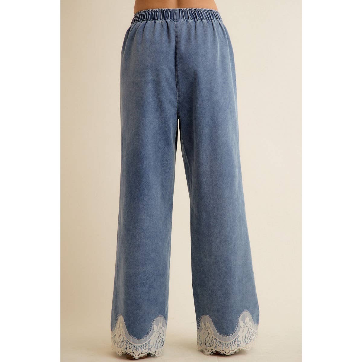 Lace Trim Wide Leg Denim Pant