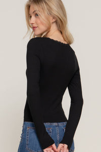 Long Sleeve Scoop Neck with Lace Trim Rib Knit Top
