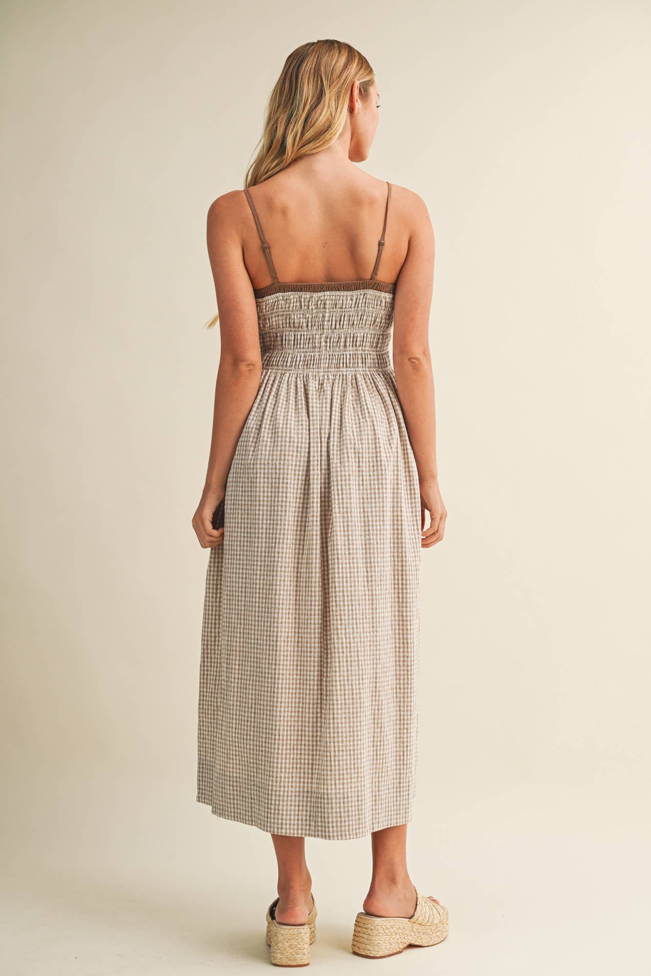 Ruched Gingham Midi Dress