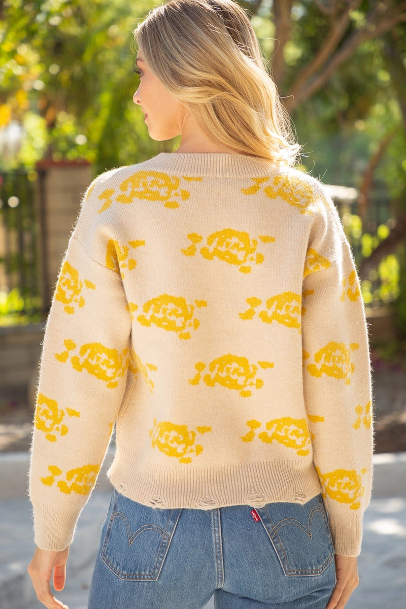 Deep V Neck Rose Printed Sweater