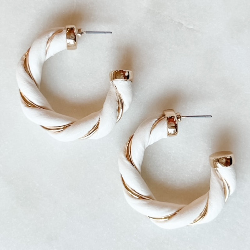 White Leather Twist Hoop Earrings